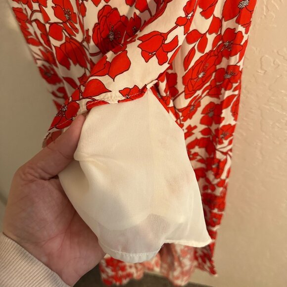 Bardot Red & White Fiesta Floral Short Sleeved Faux Wrap Ruffle Feminine Dress - Picture 10 of 13